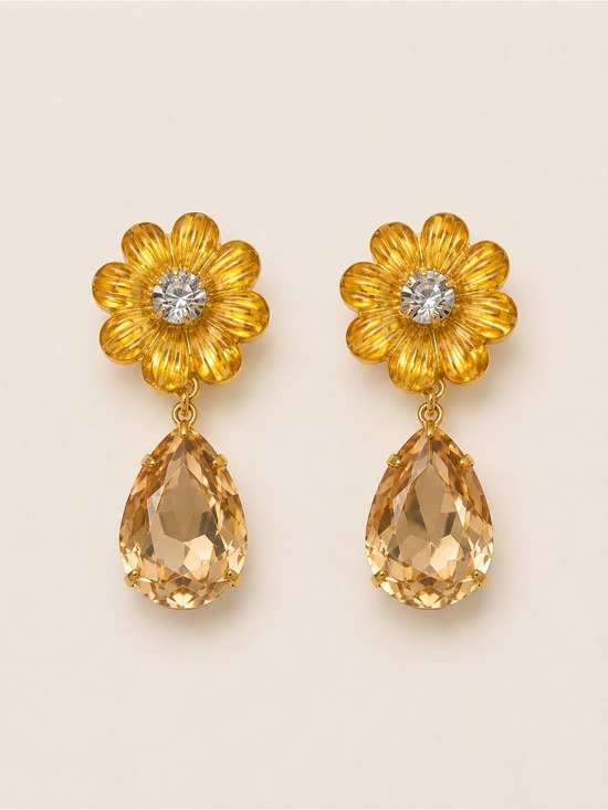 Lima Limon Jewelry - Gold Floral Drop Earrings with Amber Teardrop Stones